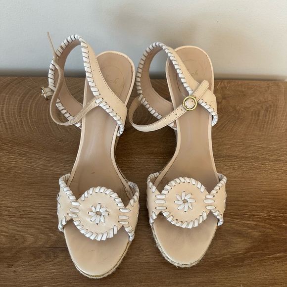 Jack Rogers Shoes - Jack Rogers Cream Leather Wedge Sandals with Whipstitch Trim Size 8.5